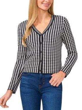 CeCe |  Gingham Black & White Cotton Cardigan Sweater V-Neck Long Sleeve, size M